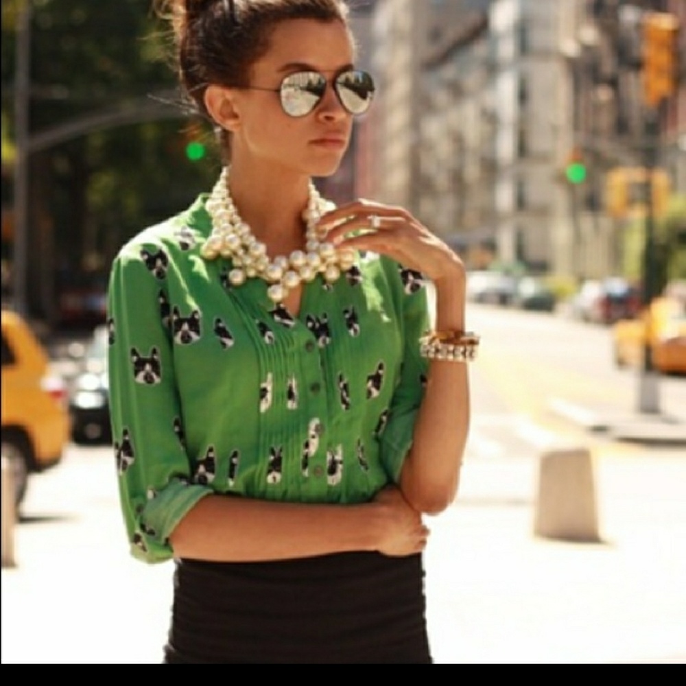 Maeve Green Bulldog Print Blouse ((RARE))